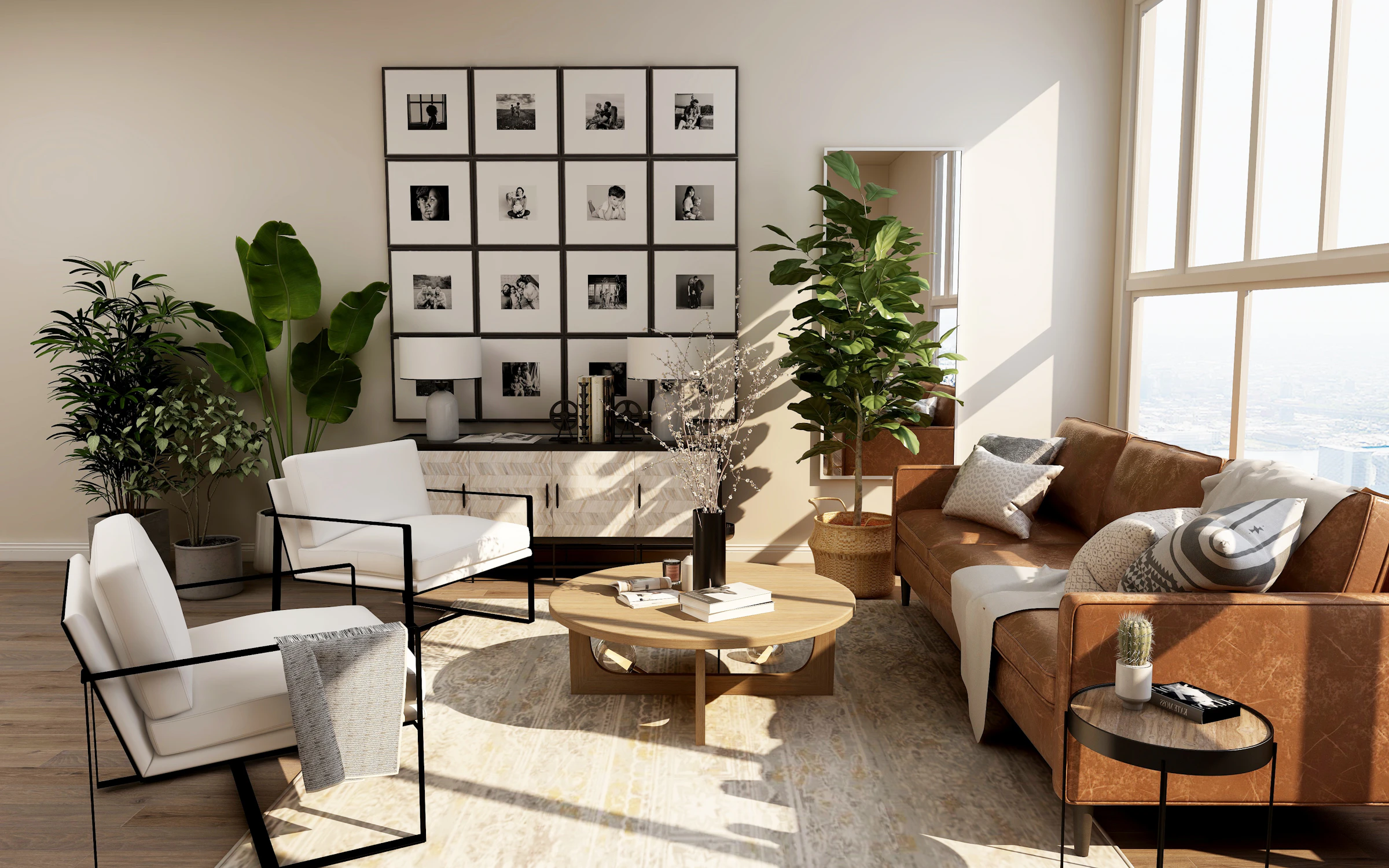 A furnished living room in afternoon light